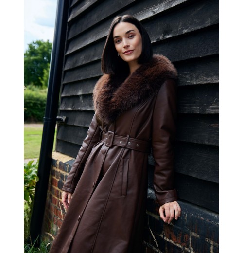 Longline Leather Look Faux Fur Coat