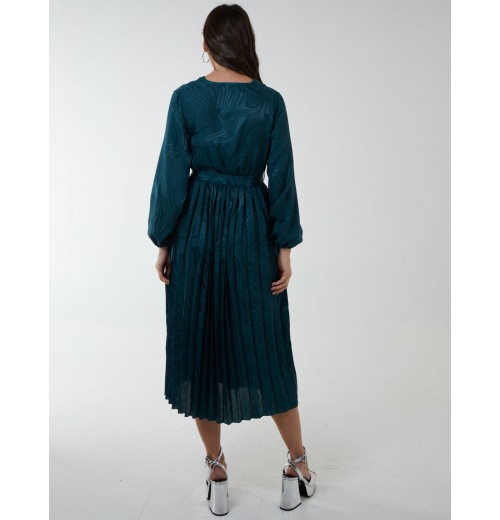 Jacquard Wrap Front Belted Pleated Midi Dress