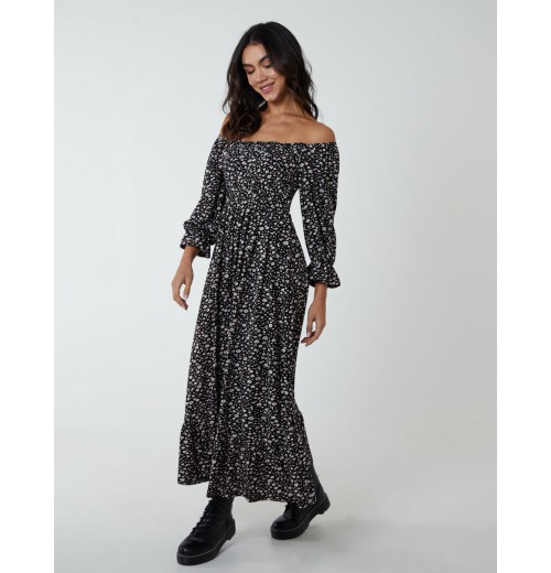 Puff Sleeve Square Neck Shirred Midi Dress