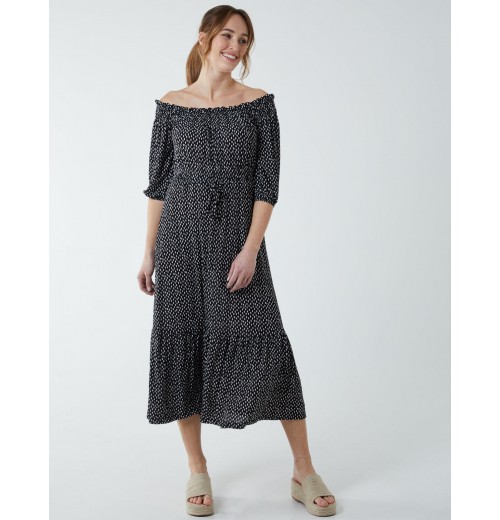 Off Shoulder Shirring Elastic Midi Dress