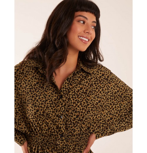 Leopard Print Shirred Waist Shirt