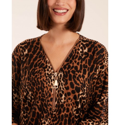 Zip Front Leopard Diamante Tunic Top