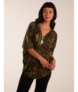 Leopard Zip Front Diamante Tunic Top