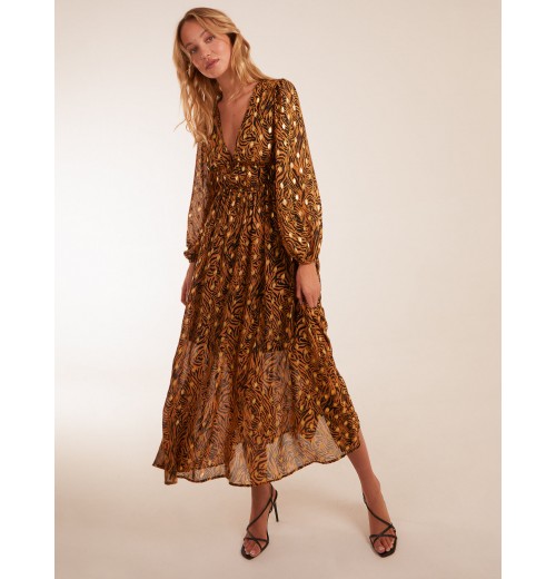 Shirred Waist Animal And Foil Print Maxi Dress