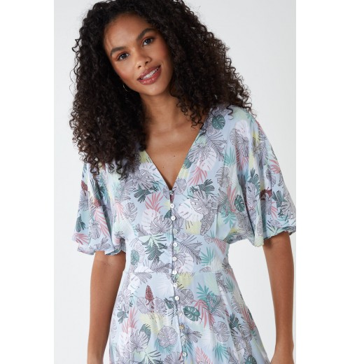 Tropical Leaf Button Through Maxi Dress