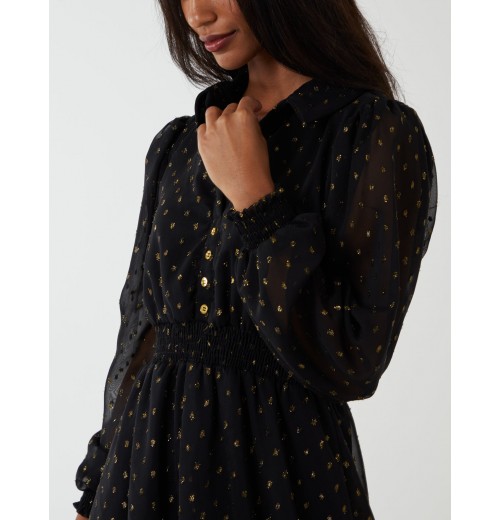 Shirred Waist & Puff Hem Shirt Dress