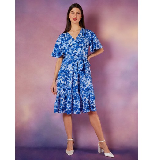 Wrap Front Tier Hem Angel Sleeve Dress