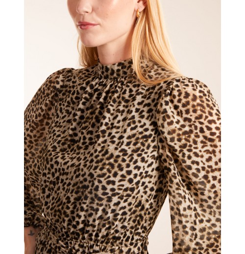 Leopard Print High Neck Wrap Frill Hem Midi Dress