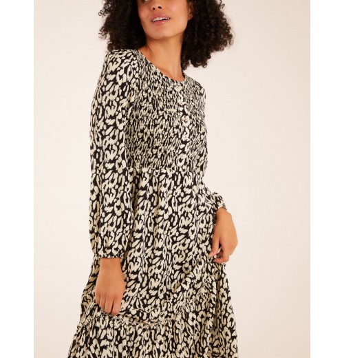 Animal Print Shirred Long Sleeve Midi Dress