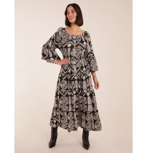 Print Button Front Scoop Neck Maxi Dress